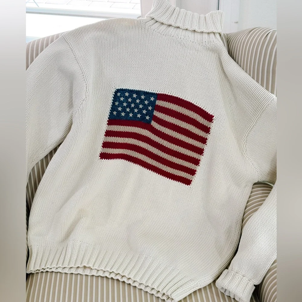 RARE 90s Vintage Ralph Lauren Cream Flag Turtleneck Sweater size M - Blue Tag - Picture 3 of 13